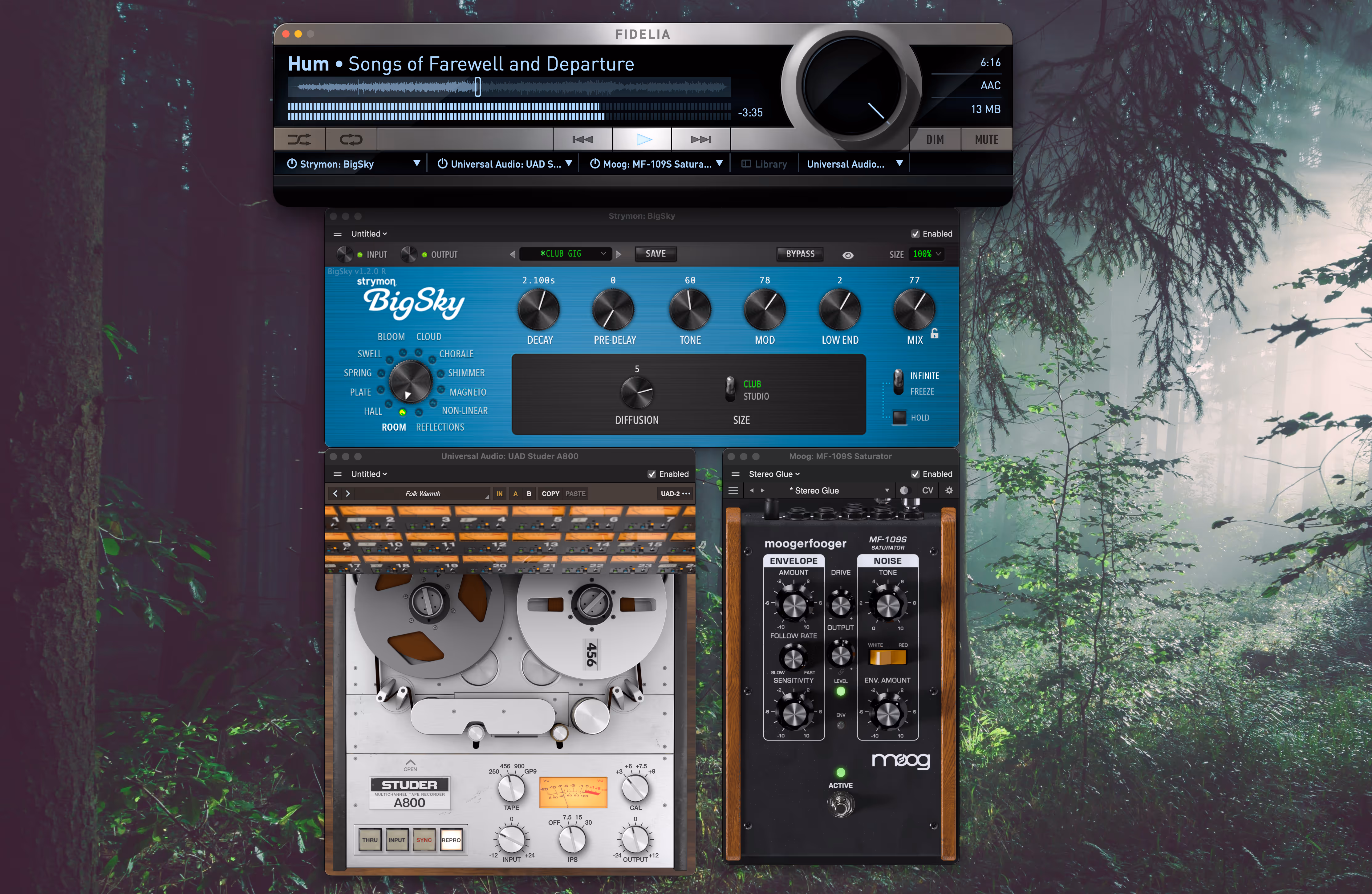 Fidelia with three Audio Unit plugins loaded (Strymon BigSky reverb, UAD Studer A800 tape, and Moogerfooger MF-109S saturator) against a forest scene.