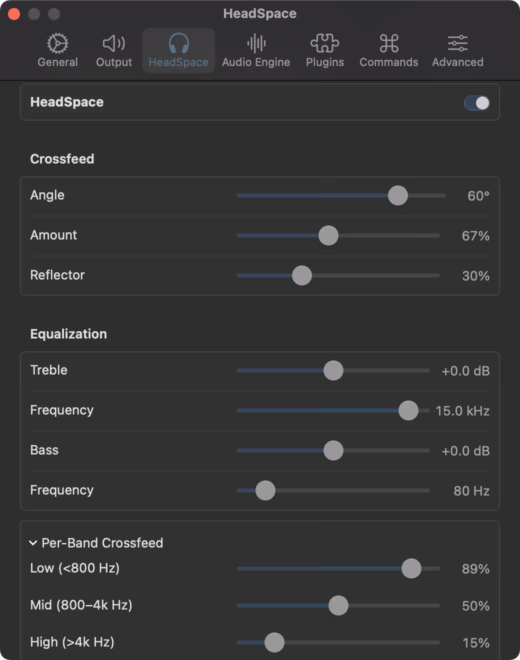 Fidelia Audio preferences showing HeadSpace with Crossfeed angle, amount, and reflector controls.