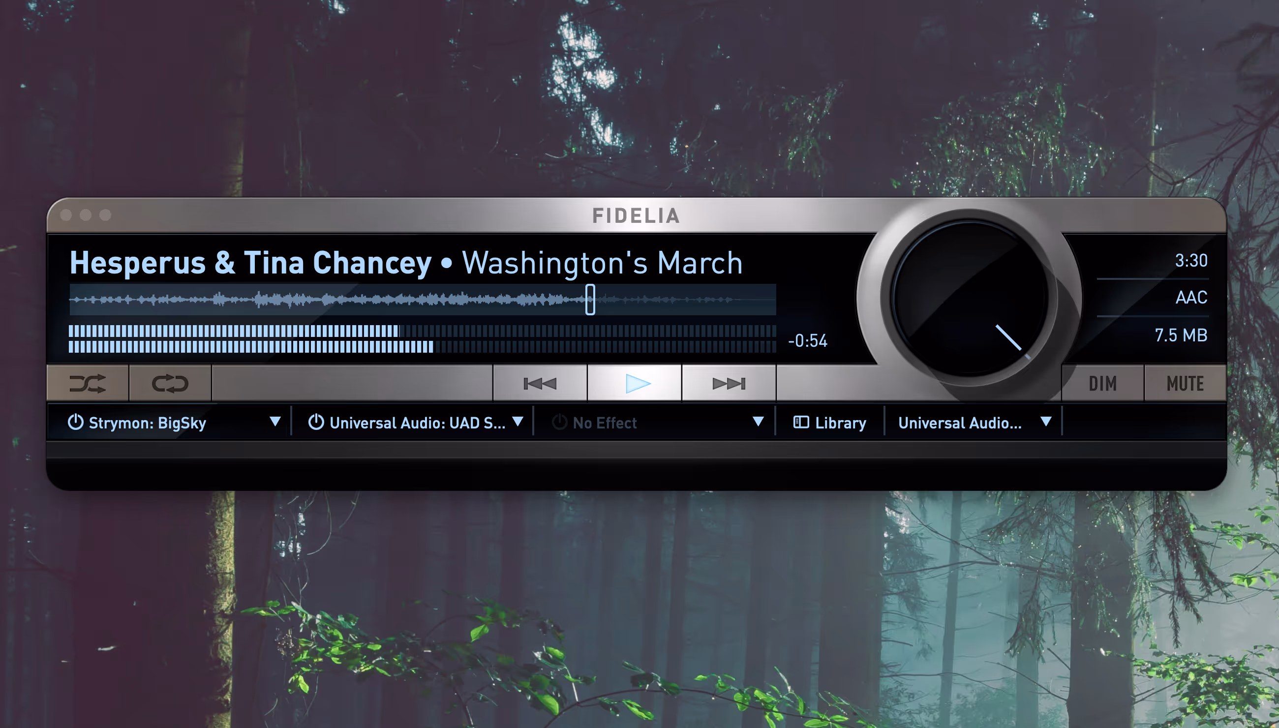 Fidelia music player on Mac, UI floating against a misty forest scene