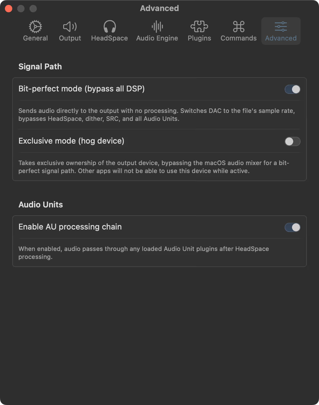 Fidelia Advanced preferences showing Signal Path with Bit-perfect and Exclusive mode toggles.