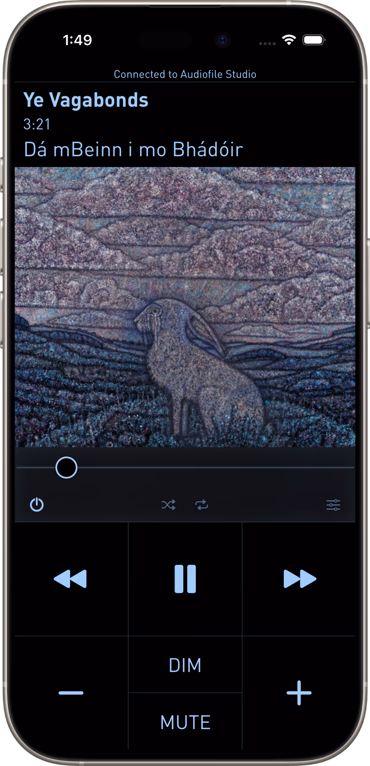 Fidelia Remote app on iPhone, showing playback controls and album art for Ye Vagabonds (Dá mBeinn i mo Bhádóir) connected to Audiofile Studio.
